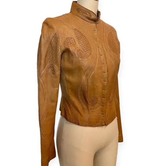 ELIE TAHARI X BERGDORF GOODMAN Cognac Ornate Leather Jacket, Size Small